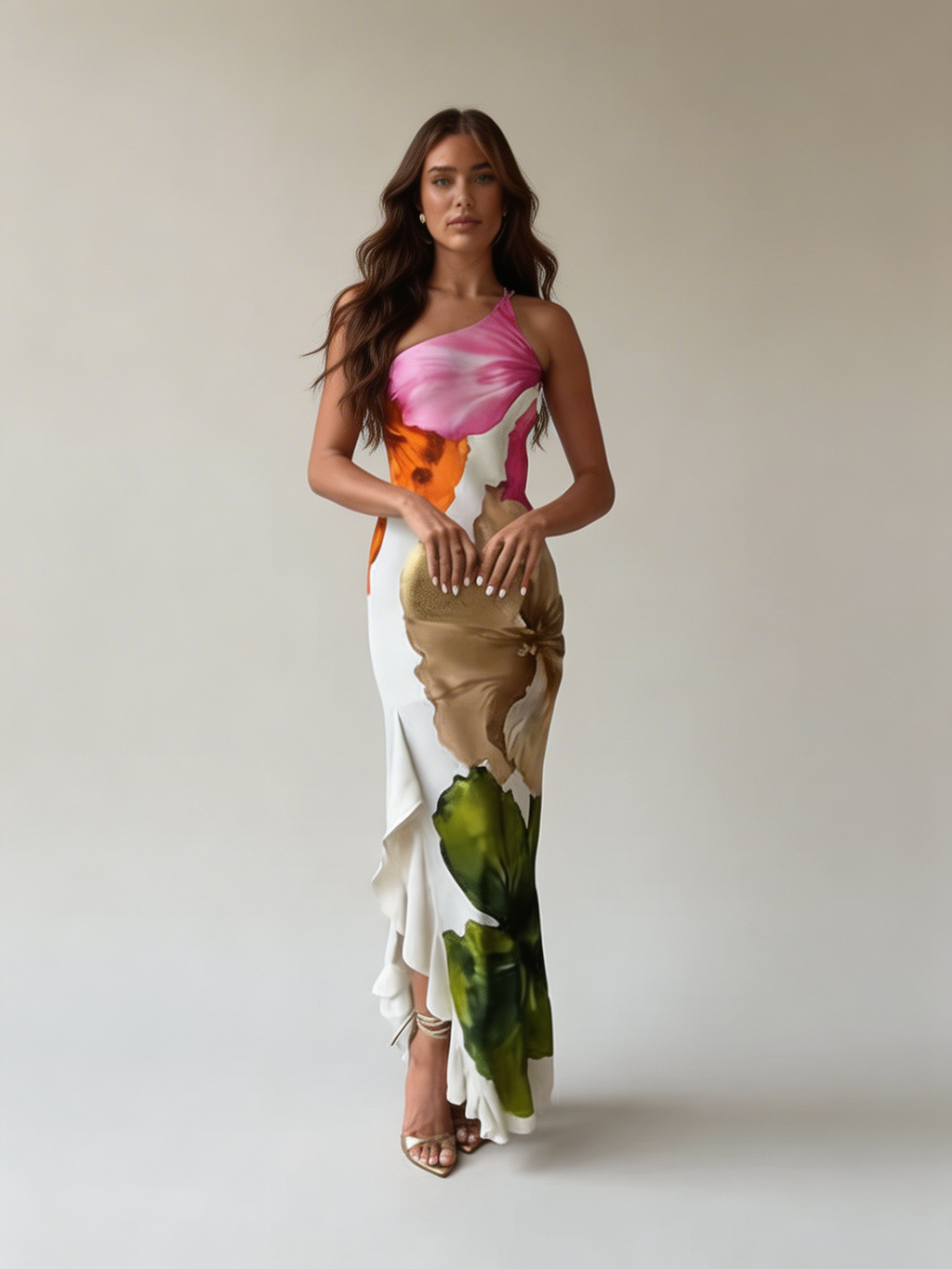Abito Maxi Heart Donna – Abito Monospalla con Stampa Floreale Artistica di Lusso