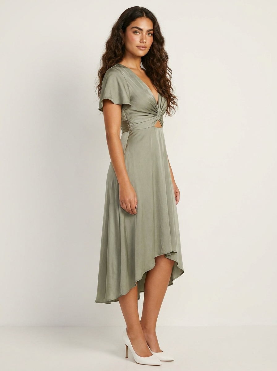 Janine Robe Midi Femme Asymétrique à Taille Nouée et Manches Papillon