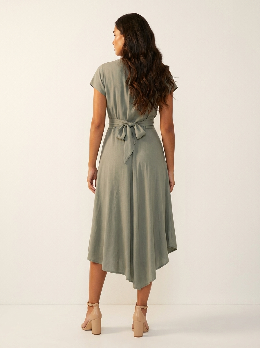 Janine Robe Midi Femme Asymétrique à Taille Nouée et Manches Papillon