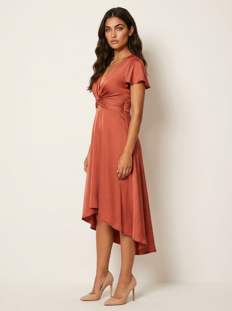 Janine Robe Midi Femme Asymétrique à Taille Nouée et Manches Papillon