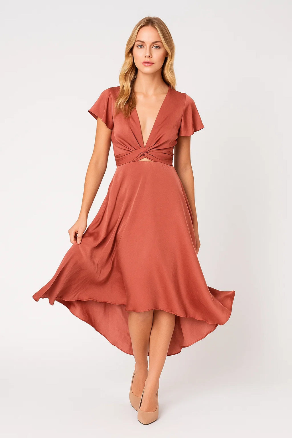 Janine Robe Midi Femme Asymétrique à Taille Nouée et Manches Papillon