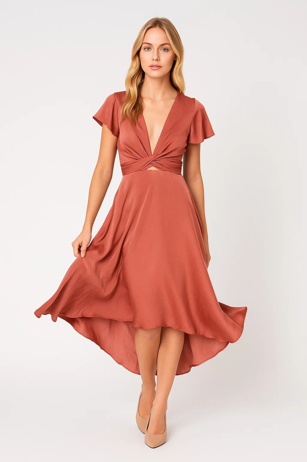 Janine Robe Midi Femme Asymétrique à Taille Nouée et Manches Papillon