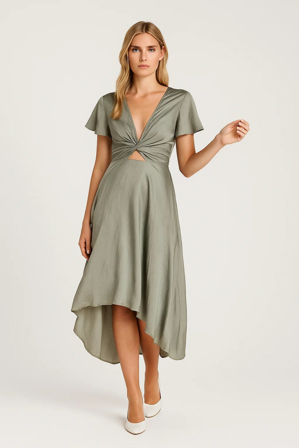 Janine Robe Midi Femme Asymétrique à Taille Nouée et Manches Papillon