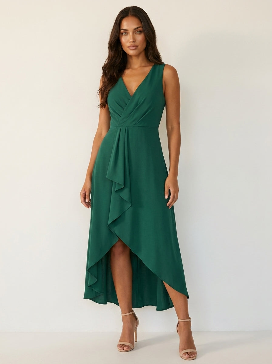 Elena Robe Midi Femme Asymétrique à Volant Cascade et Encolure Croisée