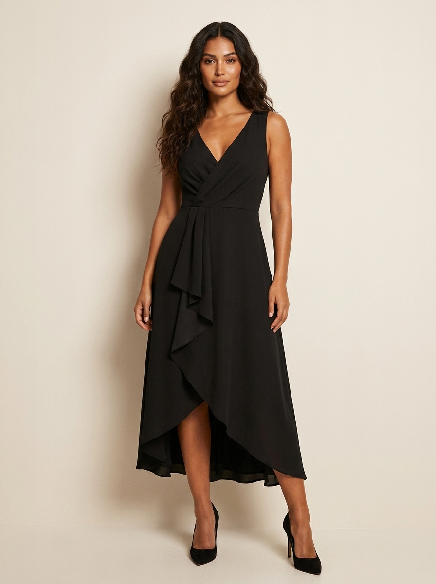 Elena Robe Midi Femme Asymétrique à Volant Cascade et Encolure Croisée
