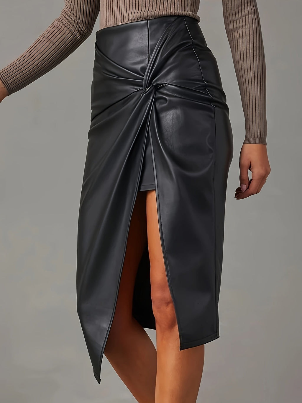 Chiara Women's Asymmetric Midi Skirt – High-Waisted Vegan Leather