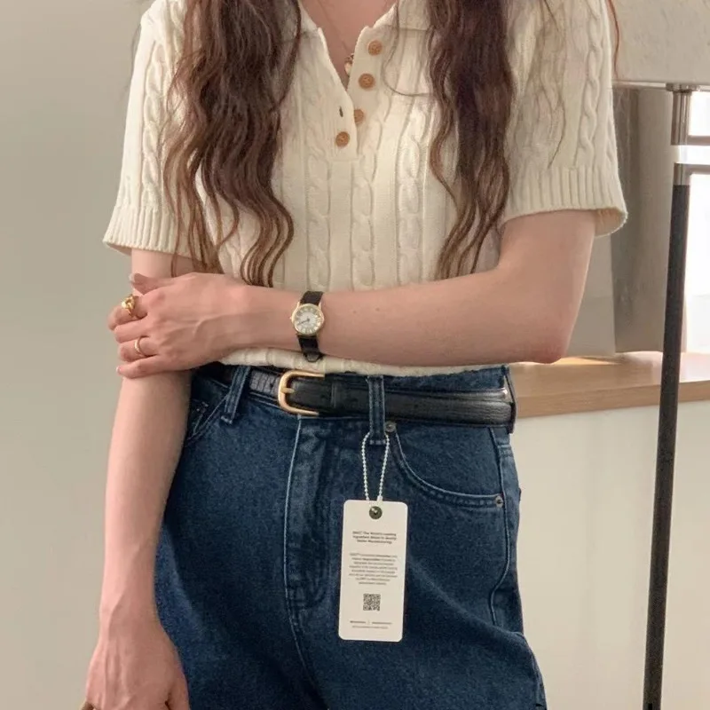 Lison Pull Polo Femme – Pull Maille à Manches Courtes avec Col Boutonné