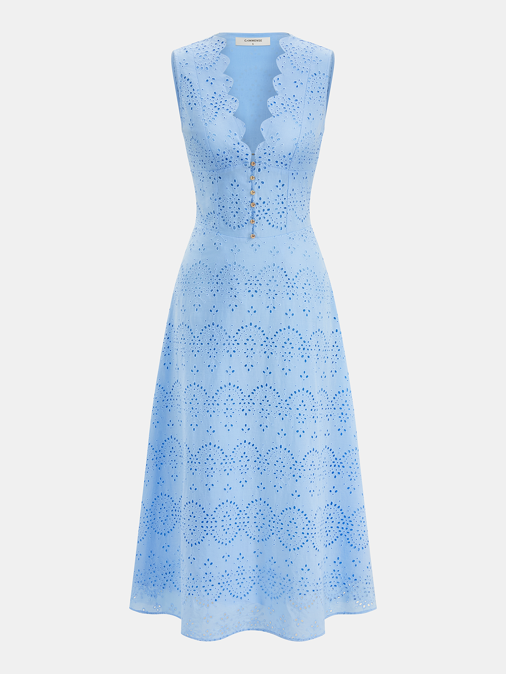 Vestido maxi de algodón Célestine – vestido sin mangas bordado con cuello en V elegante