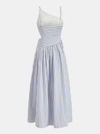 Janine Robe Maxi Asymétrique – Robe Élégante à Découpes Rayées et Col Asymétrique