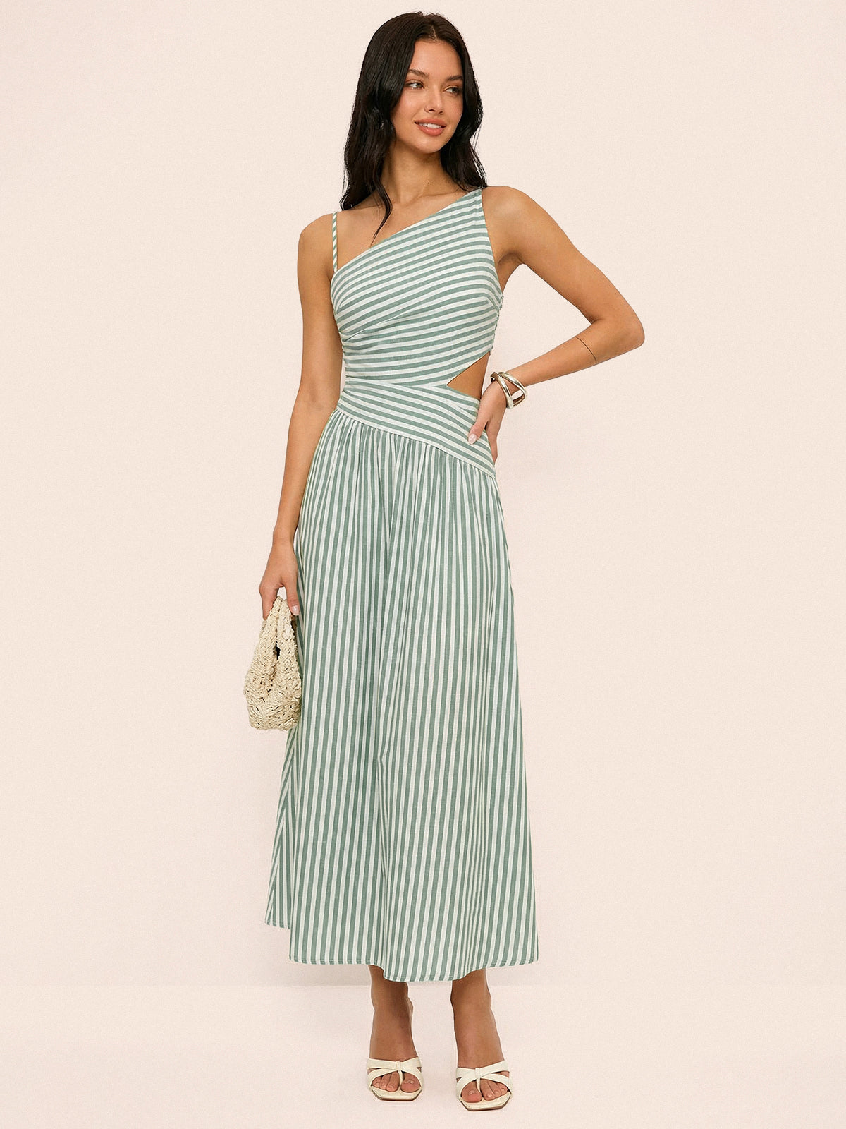 Janine Robe Maxi Asymétrique – Robe Élégante à Découpes Rayées et Col Asymétrique