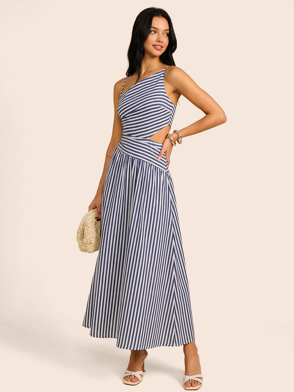 Janine Robe Maxi Asymétrique – Robe Élégante à Découpes Rayées et Col Asymétrique