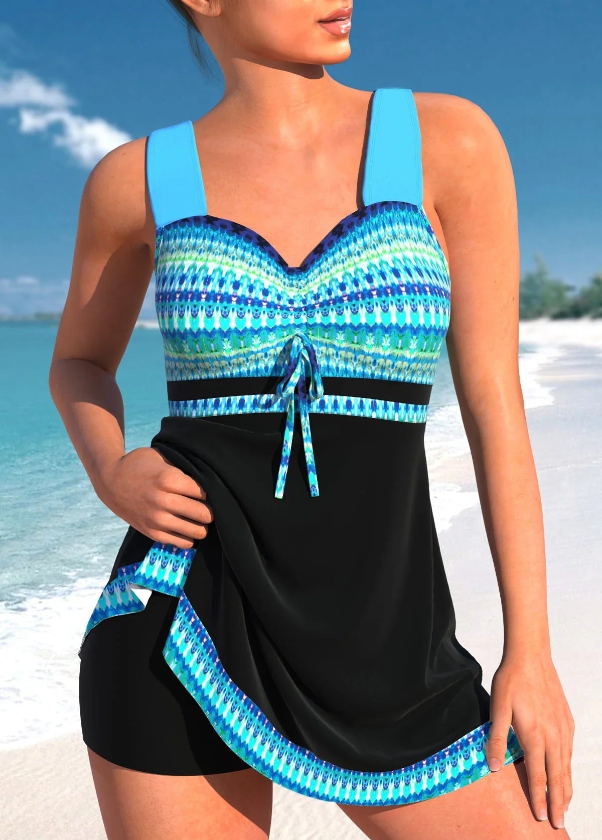 Élodie Tankini Femme – Tankini avec Haut Plissé, Nœud Décoratif et Jupe Intégrée