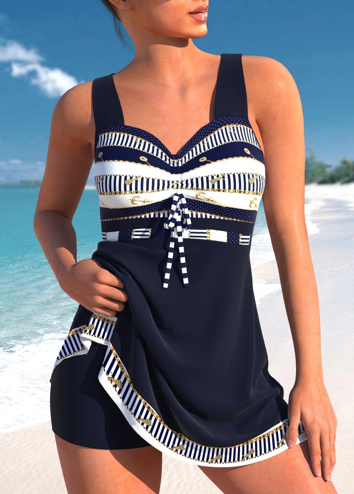 Élodie Tankini Femme – Tankini avec Haut Plissé, Nœud Décoratif et Jupe Intégrée