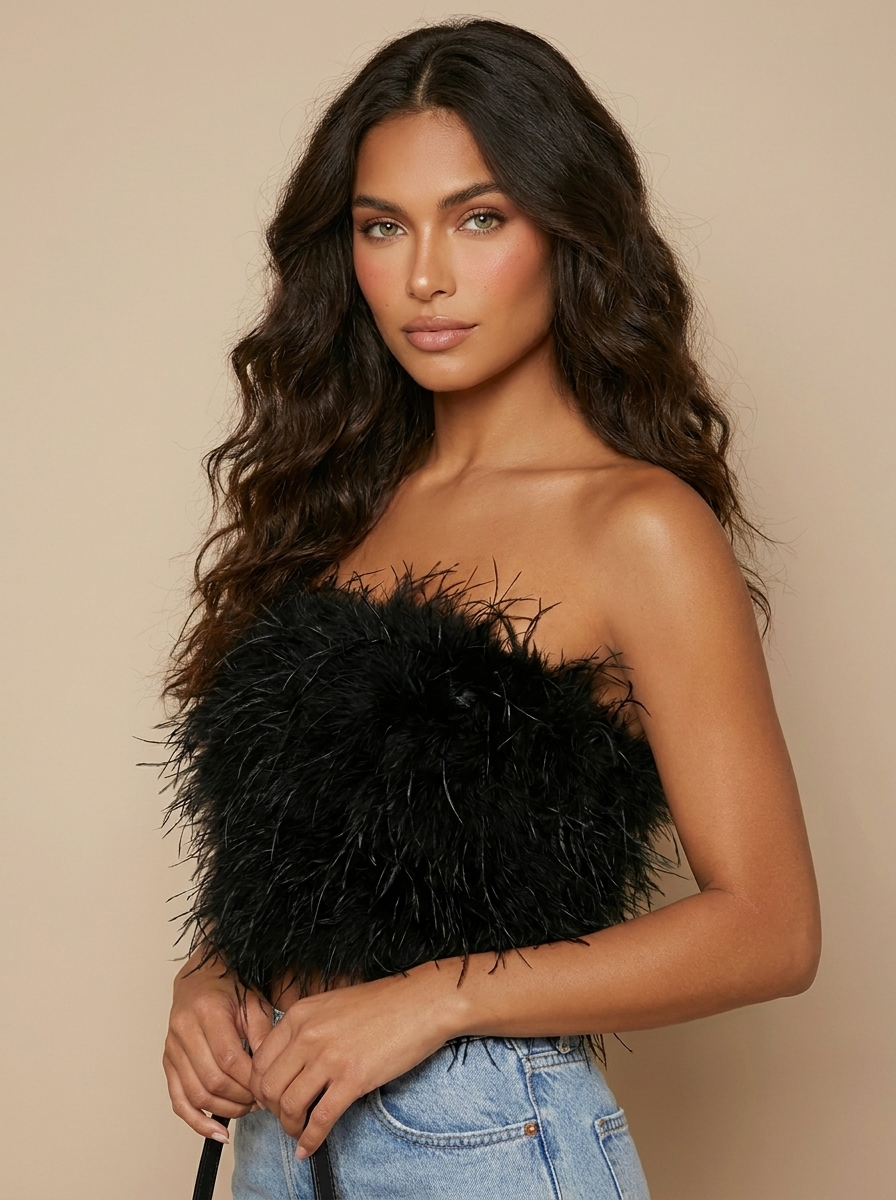 Madison Top Bandeau Femme à Plumes Glamour Sans Bretelles pour Soirées Chic