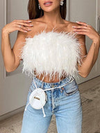 Madison Top Bandeau Femme à Plumes Glamour Sans Bretelles pour Soirées Chic