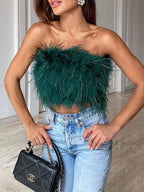 Madison Top Bandeau Femme à Plumes Glamour Sans Bretelles pour Soirées Chic