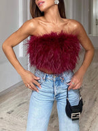 Madison Top Bandeau Femme à Plumes Glamour Sans Bretelles pour Soirées Chic