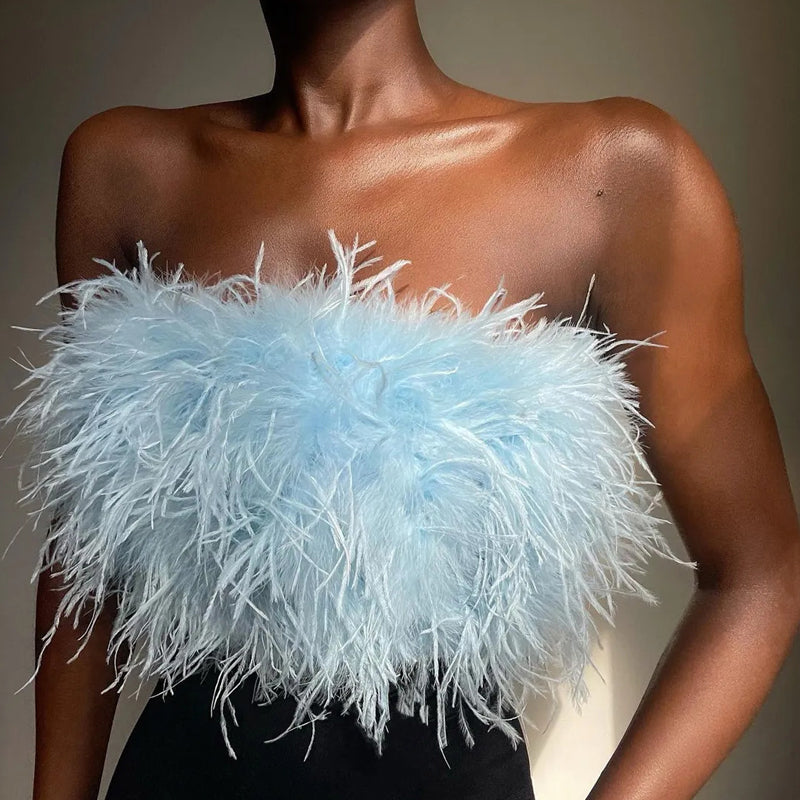 Madison Top Bandeau Femme à Plumes Glamour Sans Bretelles pour Soirées Chic