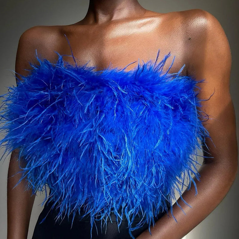 Madison Top Bandeau Femme à Plumes Glamour Sans Bretelles pour Soirées Chic