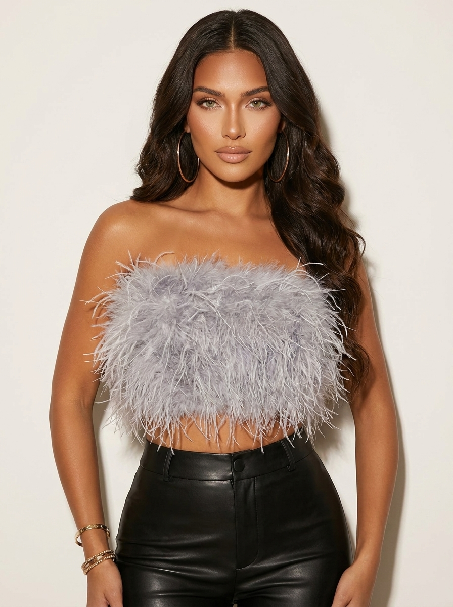 Madison Top Bandeau Femme à Plumes Glamour Sans Bretelles pour Soirées Chic