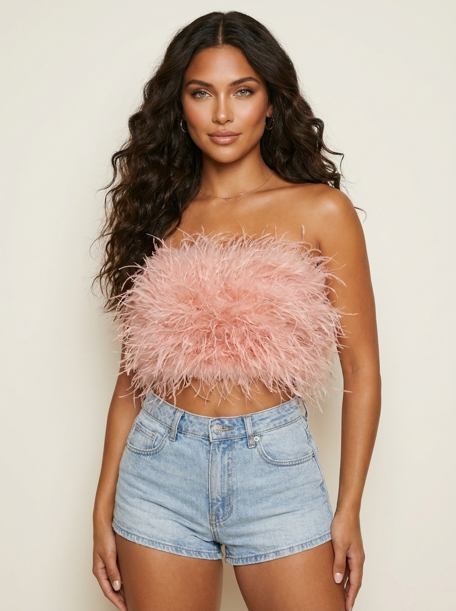 Madison Top Bandeau Femme à Plumes Glamour Sans Bretelles pour Soirées Chic
