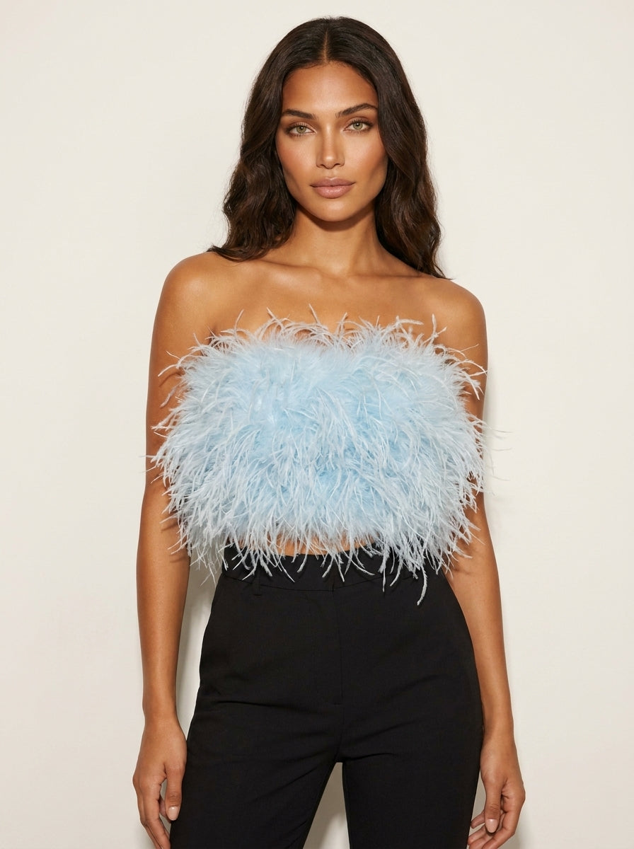 Madison Top Bandeau Femme à Plumes Glamour Sans Bretelles pour Soirées Chic