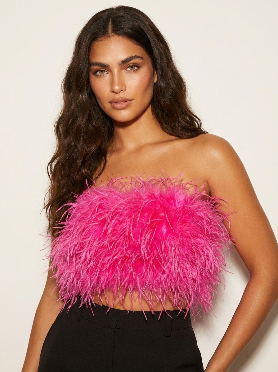 Madison Top Bandeau Femme à Plumes Glamour Sans Bretelles pour Soirées Chic