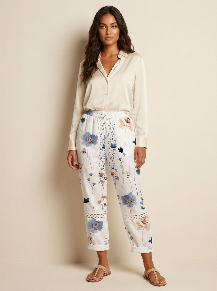 Paisley Pantalon Femme Imprimé Coupe Large Taille Élastique Léger et Élégant