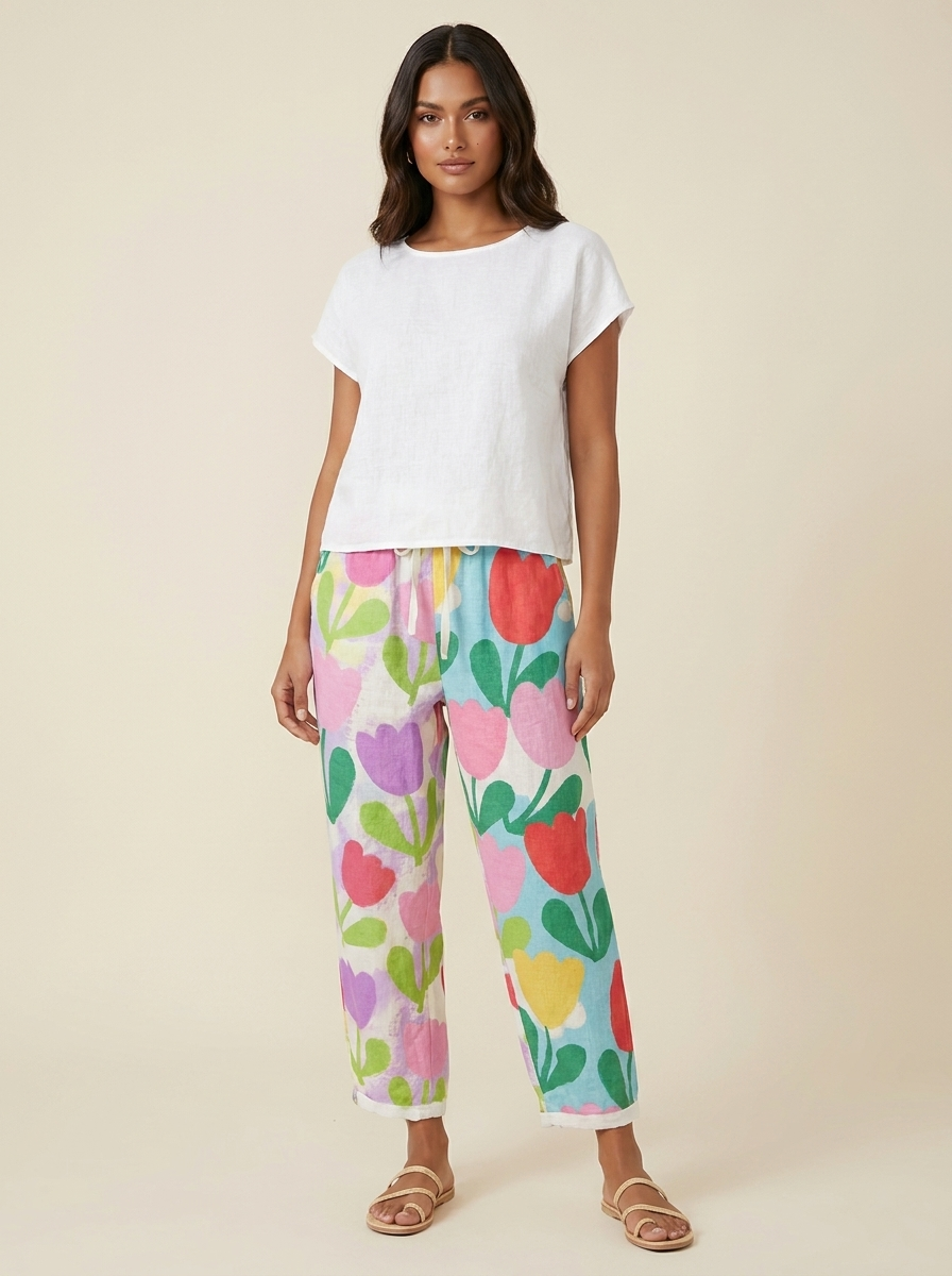 Paisley Pantalon Femme Imprimé Coupe Large Taille Élastique Léger et Élégant