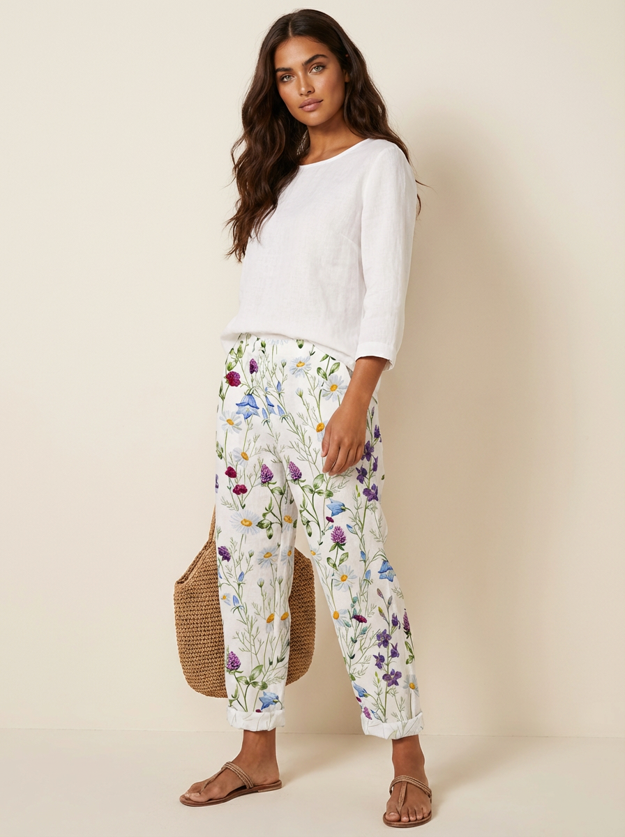 Paisley Pantalon Femme Imprimé Coupe Large Taille Élastique Léger et Élégant