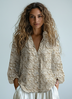 Camille Blouse Femme Effet Lin à Fleurs Relief 3D Col V Élégante Beige