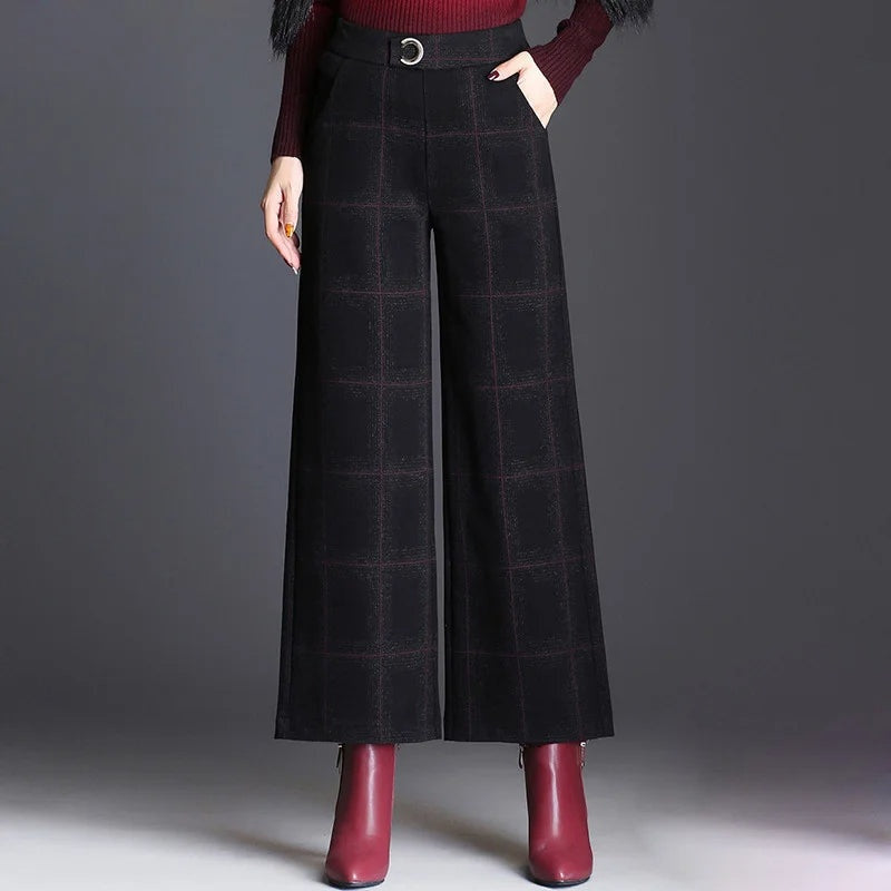 Avery Pantalon Femme à Carreaux Coupe Large Taille Haute Élégant Chic