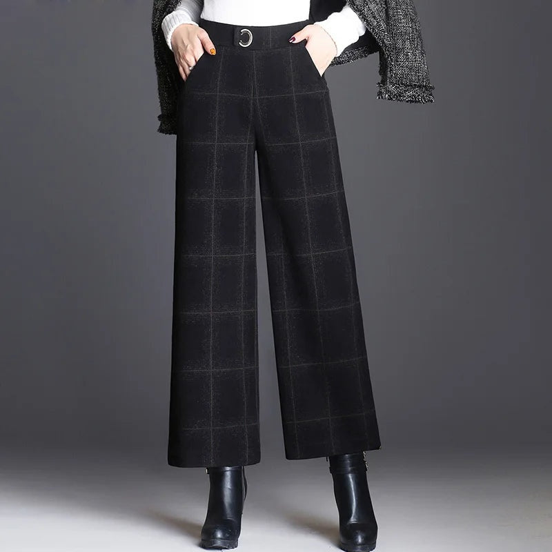 Avery Pantalon Femme à Carreaux Coupe Large Taille Haute Élégant Chic