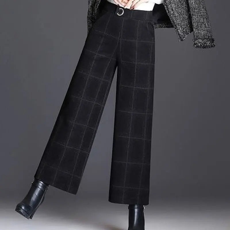 Avery Pantalon Femme à Carreaux Coupe Large Taille Haute Élégant Chic