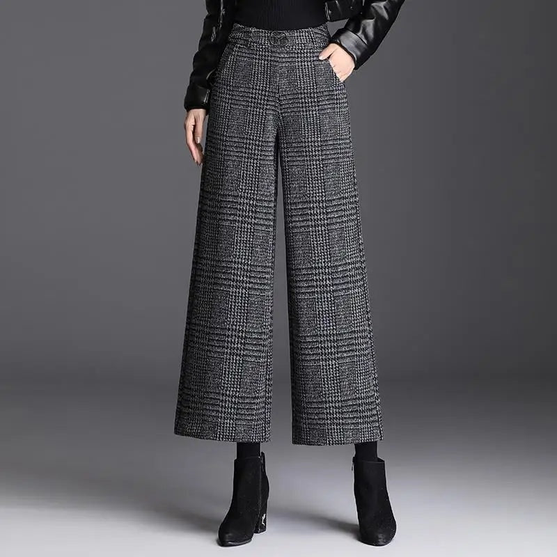 Avery Pantalon Femme à Carreaux Coupe Large Taille Haute Élégant Chic