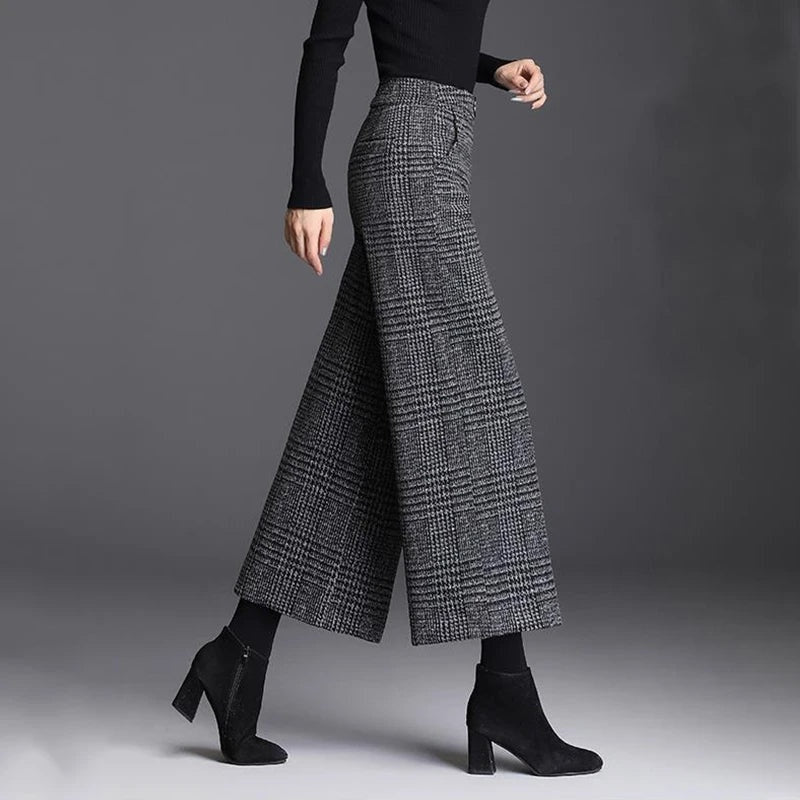 Avery Pantalon Femme à Carreaux Coupe Large Taille Haute Élégant Chic