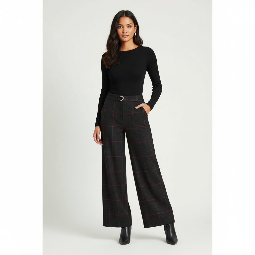 Avery Pantalon Femme à Carreaux Coupe Large Taille Haute Élégant Chic