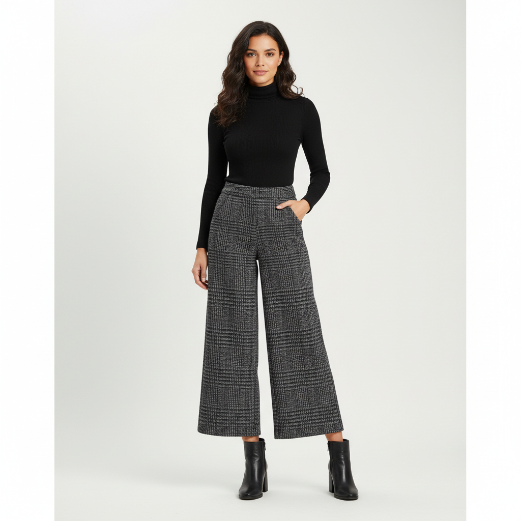Avery Pantalon Femme à Carreaux Coupe Large Taille Haute Élégant Chic