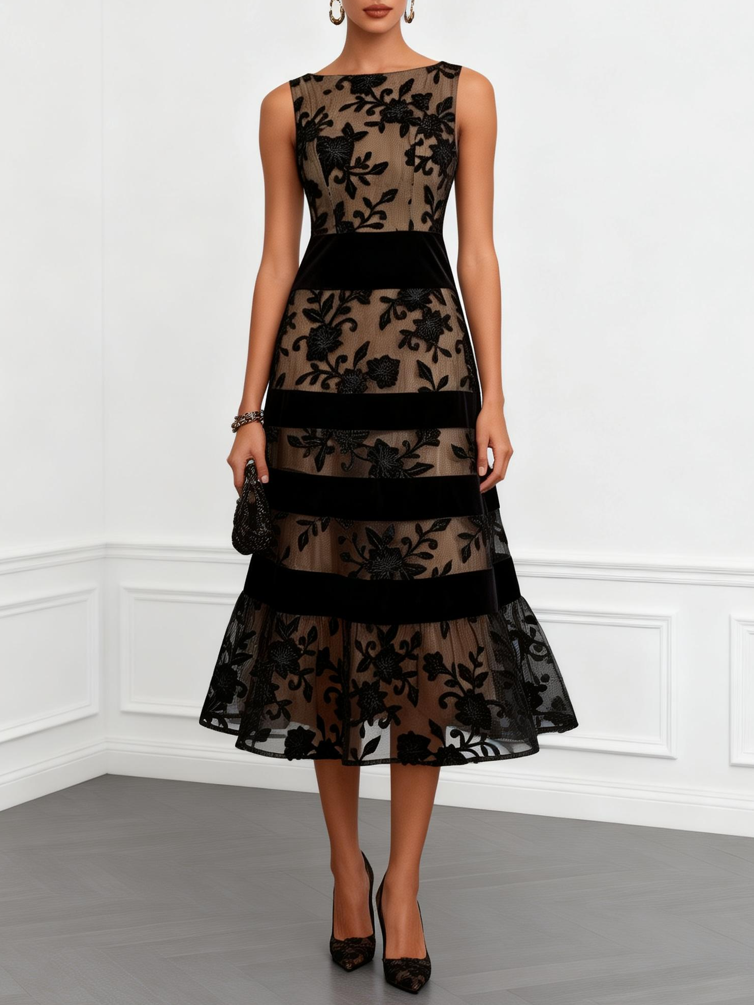 Monique Robe Midi Trapèze en Tulle – Robe Élégante Sans Manches à Fleurs 3D
