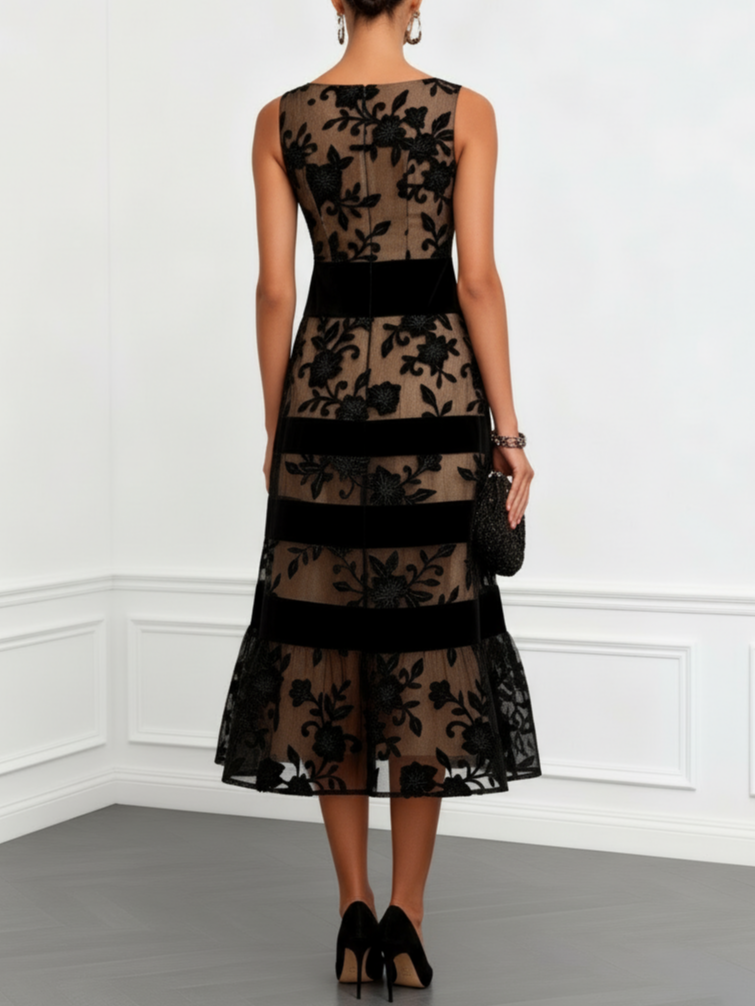 Monique Robe Midi Trapèze en Tulle – Robe Élégante Sans Manches à Fleurs 3D