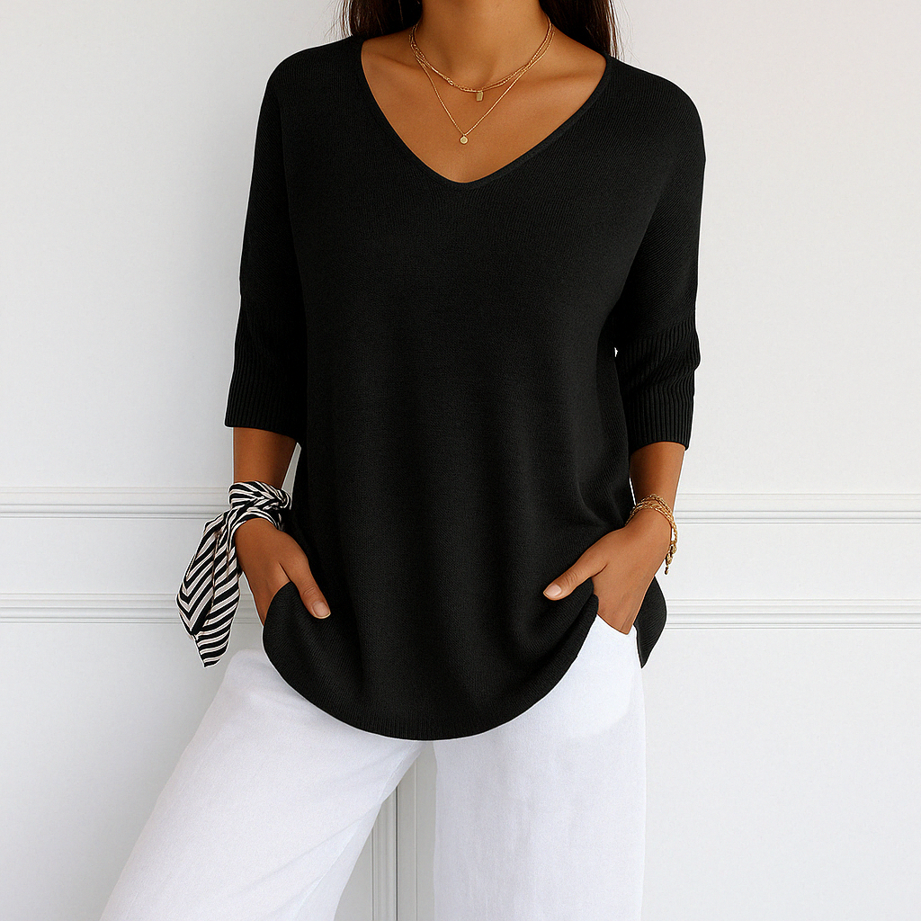 Ingrid Pull Col V Femme – Maille Fine Douce avec Coupe Fluide et Élégante