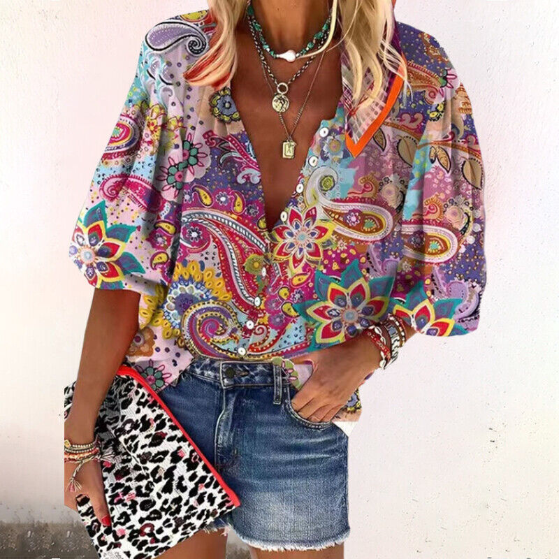 Élise Blouse Femme – Blouse Fleurie à Boutons et Manches Mi-Longues