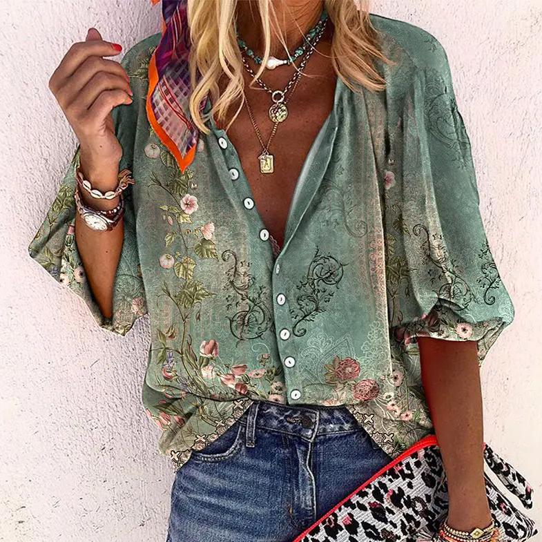 Élise Blouse Femme – Blouse Fleurie à Boutons et Manches Mi-Longues