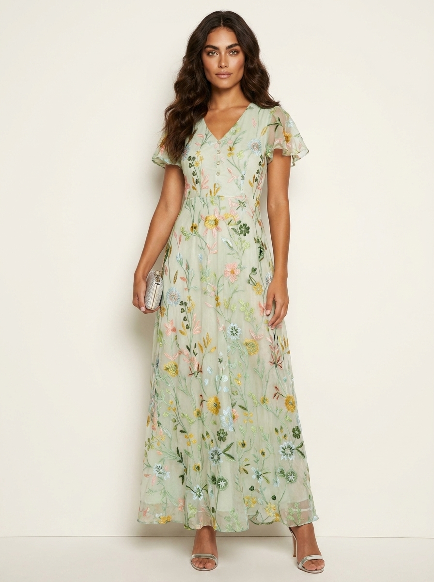 Aurélie Robe Maxi Femme en Mousseline Fleurie Col V Élégante et Fluide