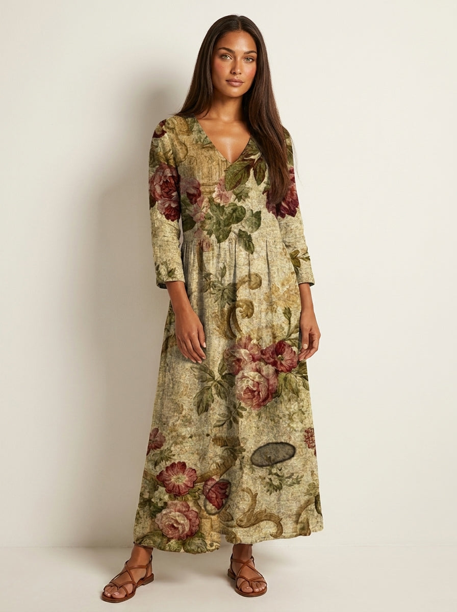 Scarlett Robe Maxi Fleurie Femme Col V Fluide Élégante avec Poches Chic