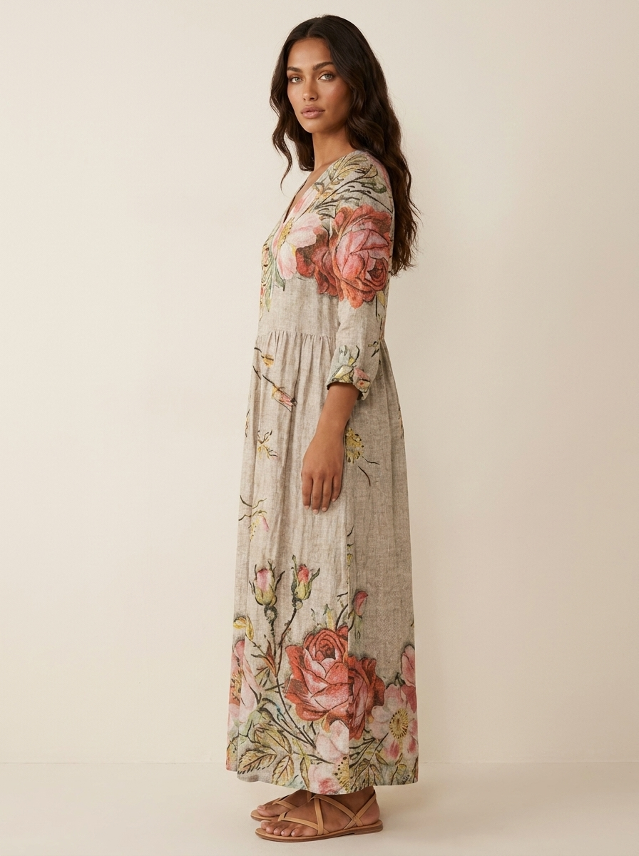 Scarlett Robe Maxi Fleurie Femme Col V Fluide Élégante avec Poches Chic