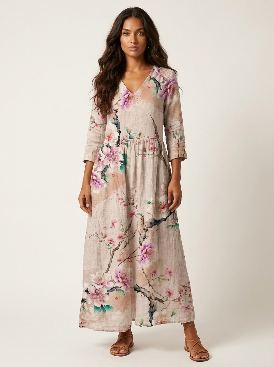Scarlett Robe Maxi Fleurie Femme Col V Fluide Élégante avec Poches Chic