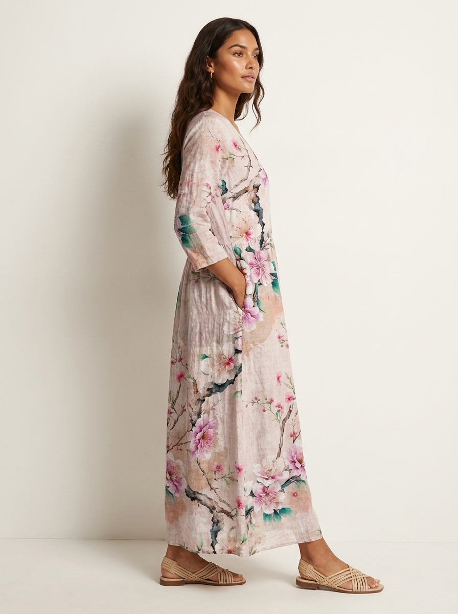 Scarlett Robe Maxi Fleurie Femme Col V Fluide Élégante avec Poches Chic