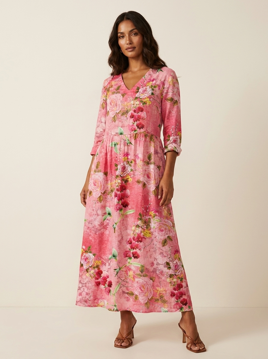 Scarlett Robe Maxi Fleurie Femme Col V Fluide Élégante avec Poches Chic