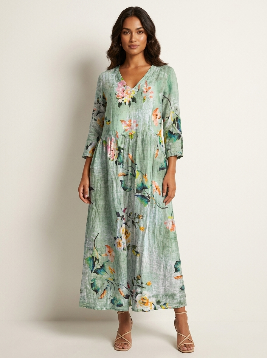 Scarlett Robe Maxi Fleurie Femme Col V Fluide Élégante avec Poches Chic
